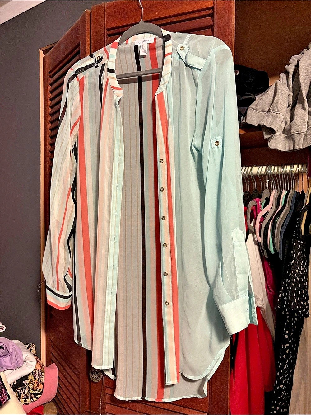 Calvin Klein Striped Button Down Shirt in Multicolor Large Like New